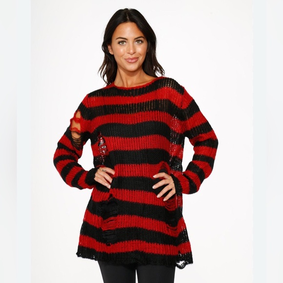 cai&cai Sweaters - CAI&CAI Kurt Cobain, Gothic, Punk, Y2K Ripped Striped oversized Sweater, Unisex